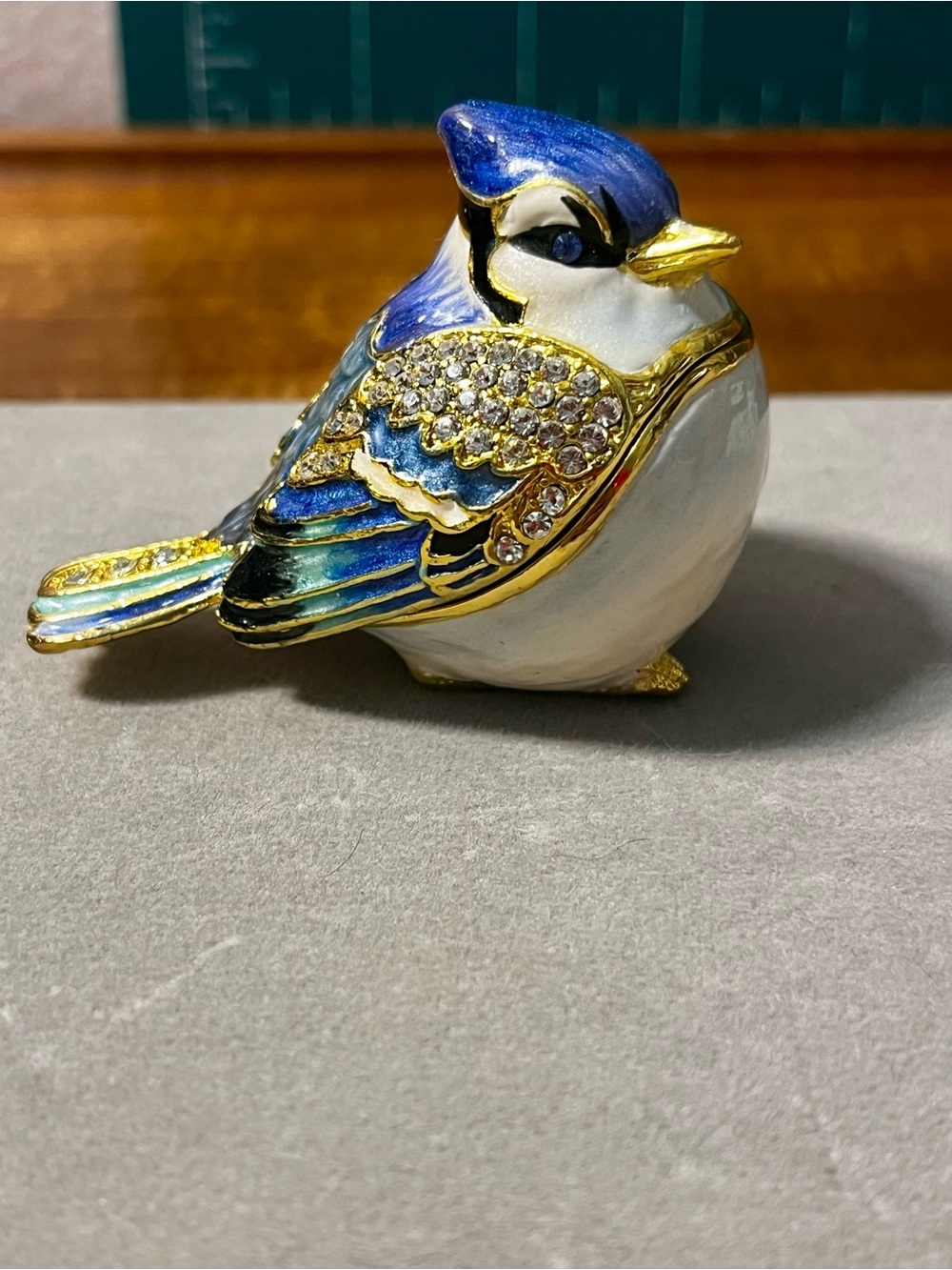 Vintage Enamel Blue Jay Trinket Box Rhinestone Hinged Bejeweled Pill Box Ring
